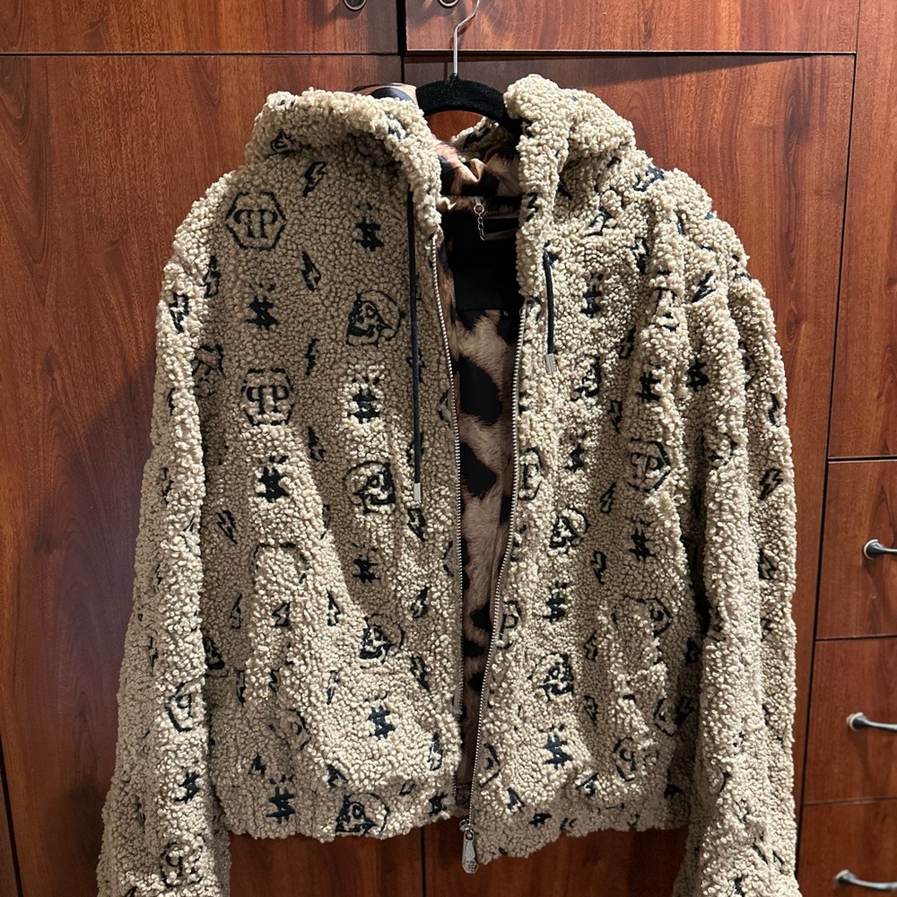 Philipp Plein Beige Teddy Jacket with Black Accents